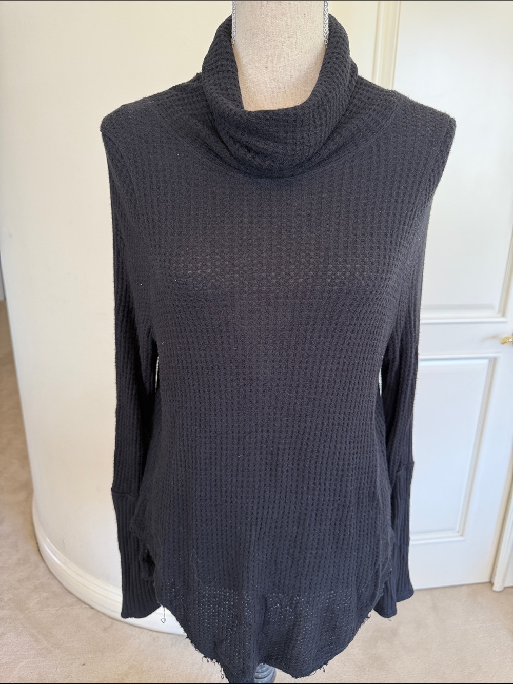 Free People Black Waffle Knit Cowl Neck Tunic